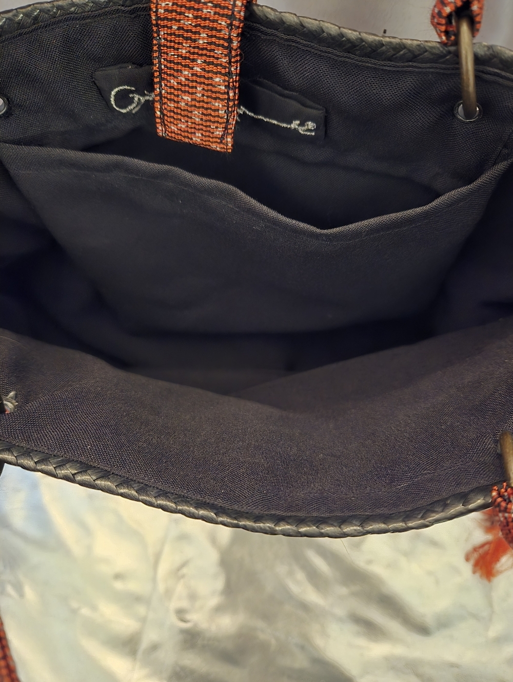 Black Woven Straw Bag With Red & Black Check Fringed Ends - Picture 7 of 10